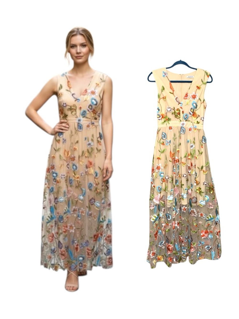 Glamorous Beige Embroidered Floral Maxi Dress Sz S Mesh Overlay Evening Gown